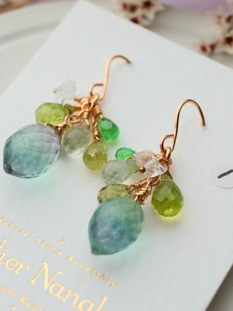 ① Fluorite and yellow-green stone earrings