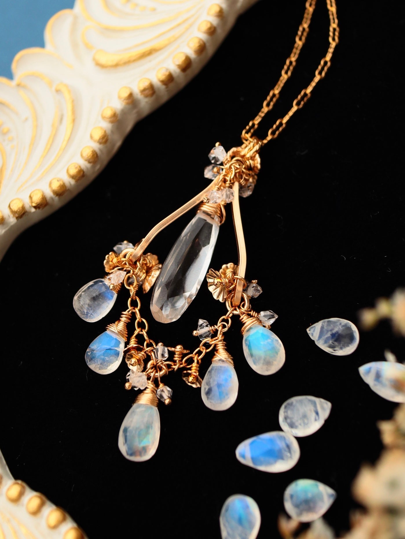 Crystal and Moonstone Chandelier Necklace