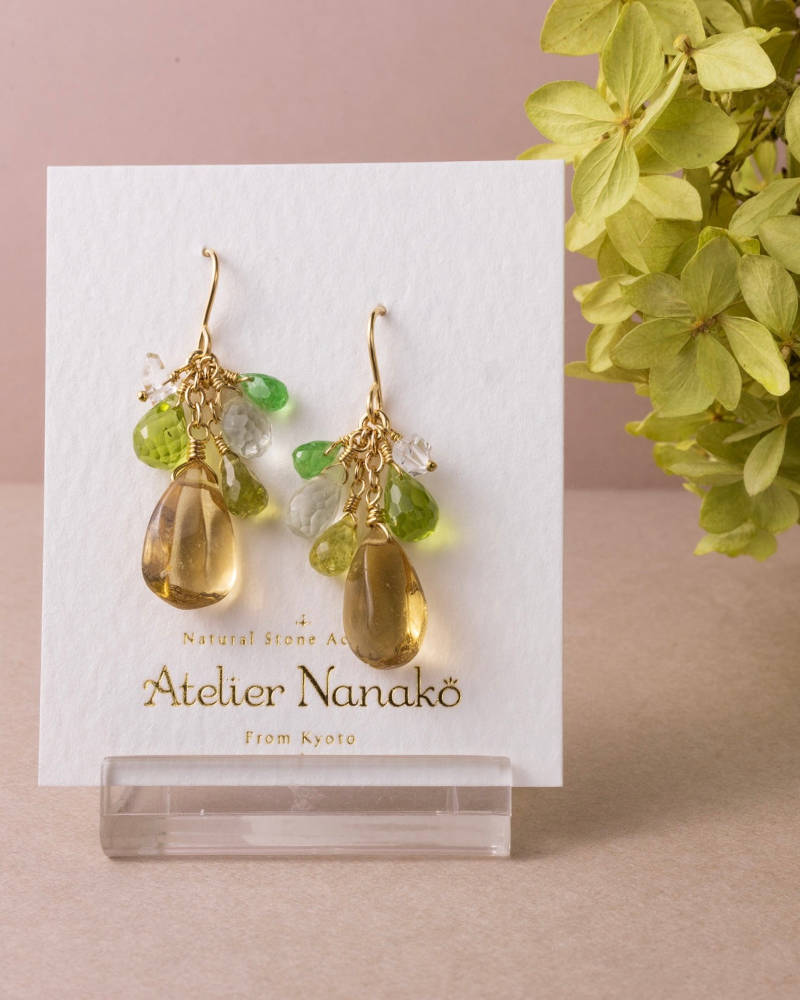Champagne quartz and green stone earrings
