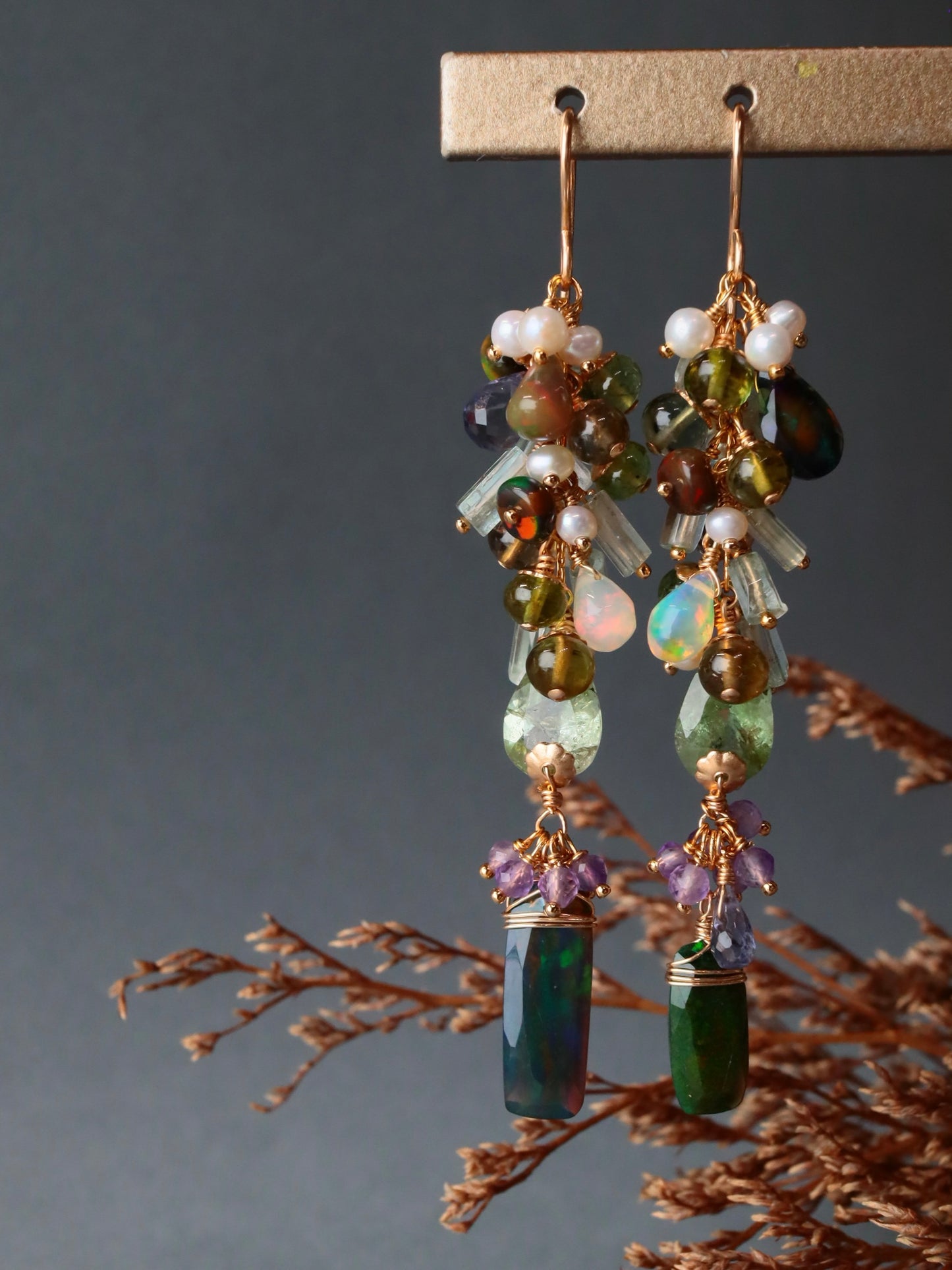 “Autumn Arrives in the Night” — Black Opal & Tourmaline Earrings