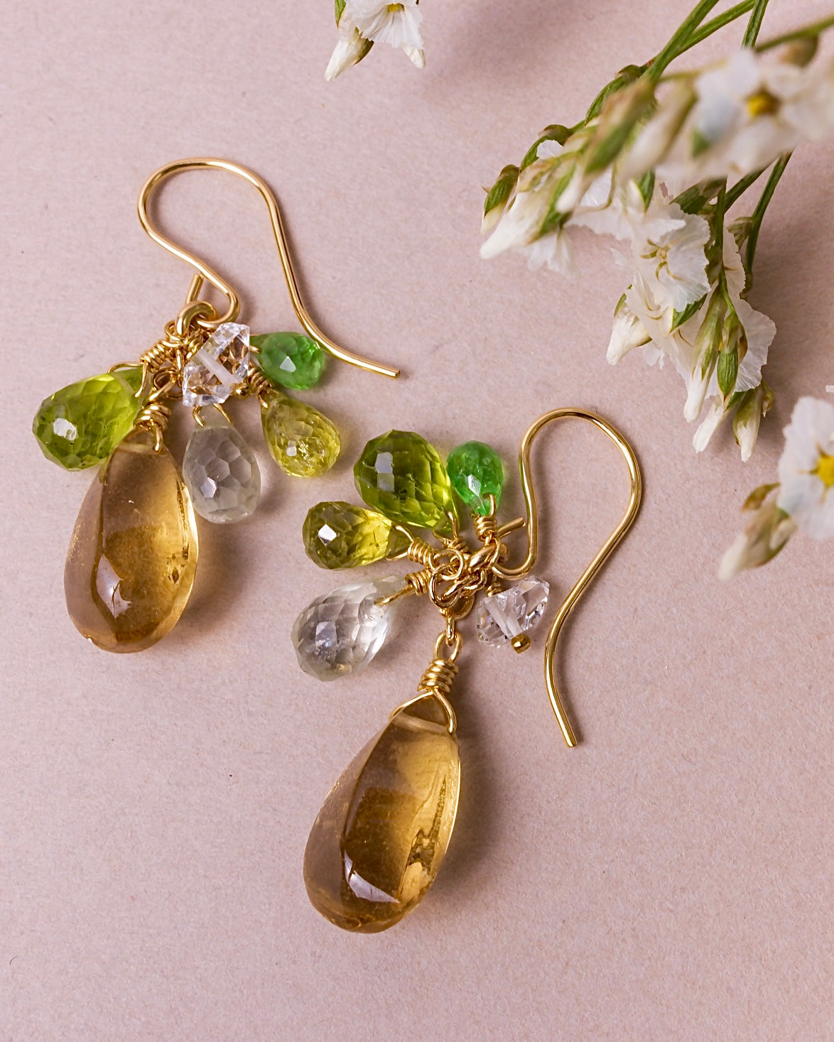 Champagne quartz and green stone earrings