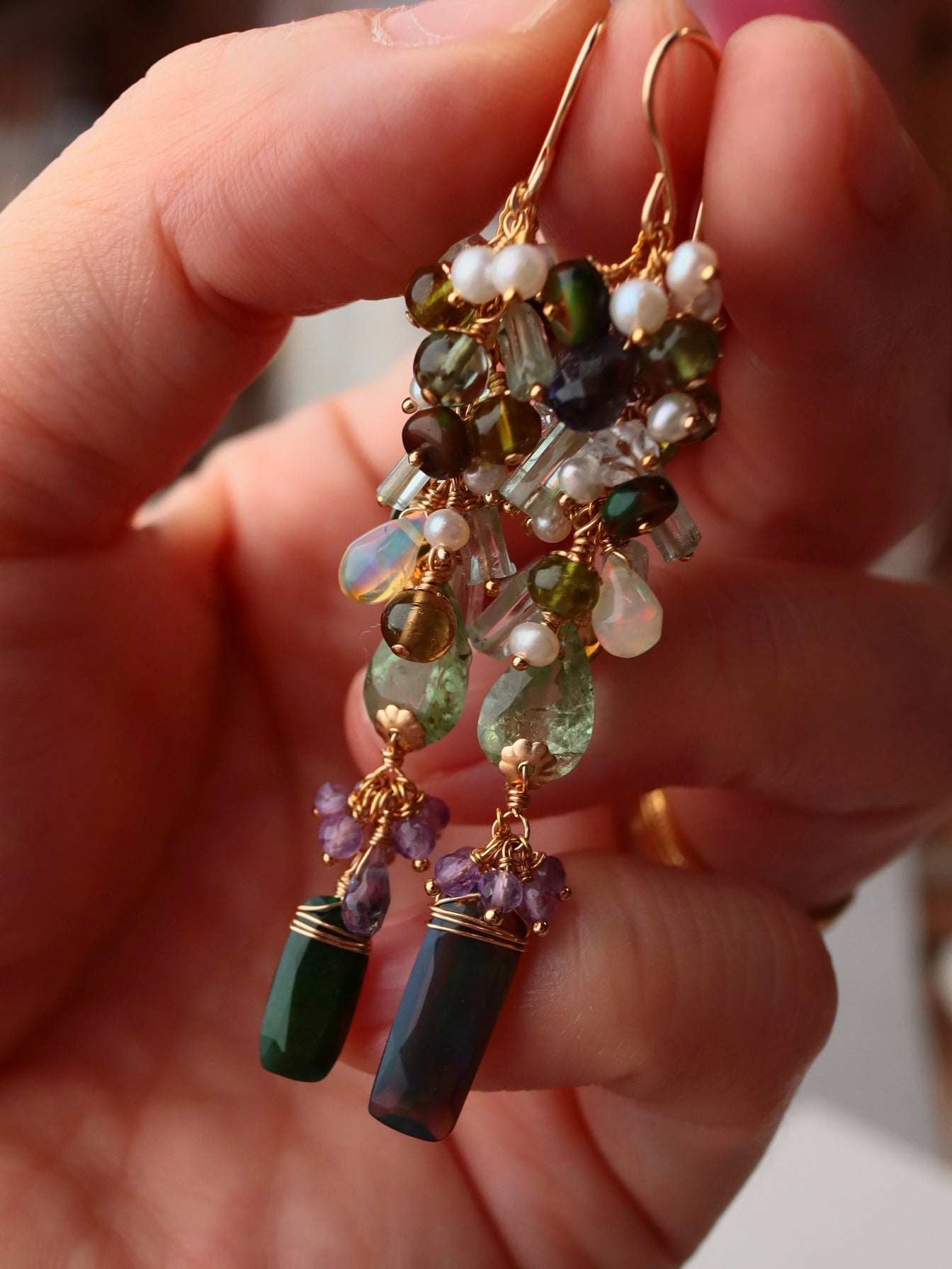 “Autumn Arrives in the Night” — Black Opal & Tourmaline Earrings