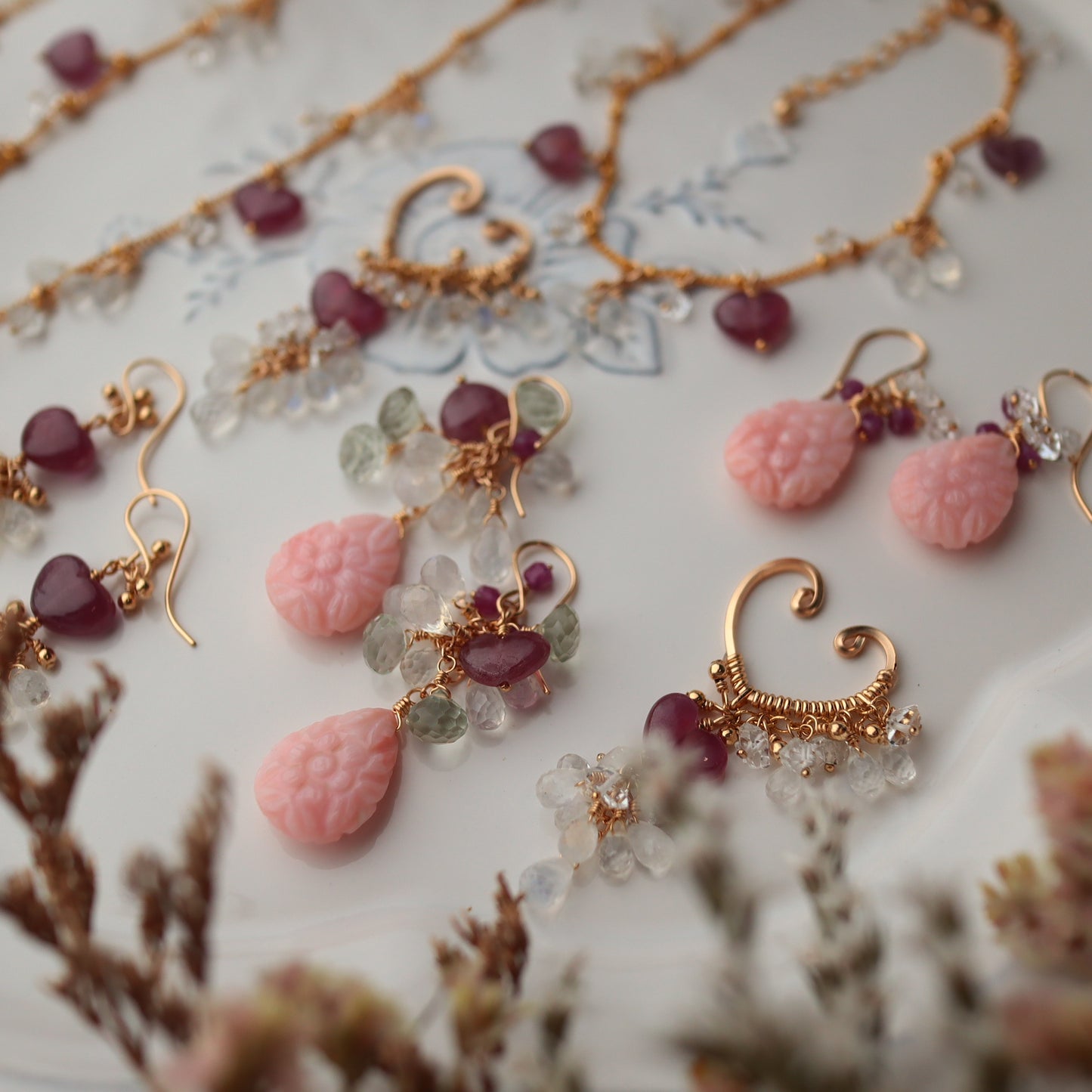 Pink opal and heart-shaped pink sapphire earrings