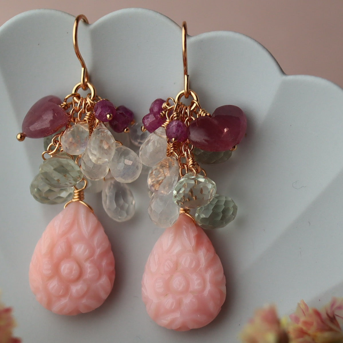 Pink opal and heart-shaped pink sapphire earrings