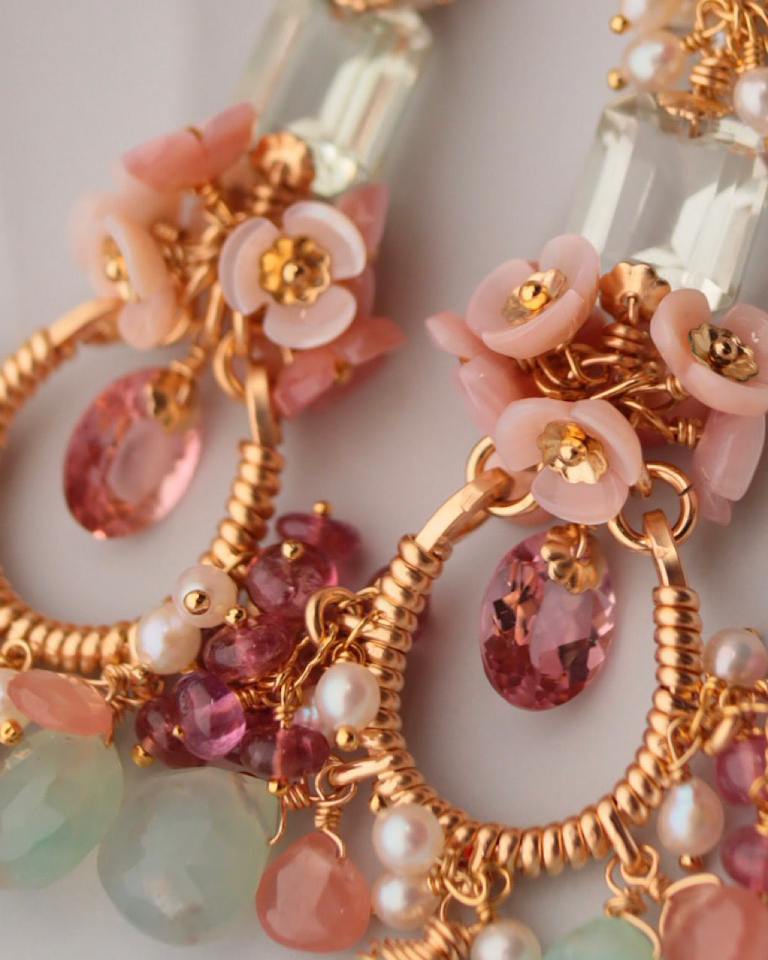 Pink tourmaline and green stone chandelier earrings