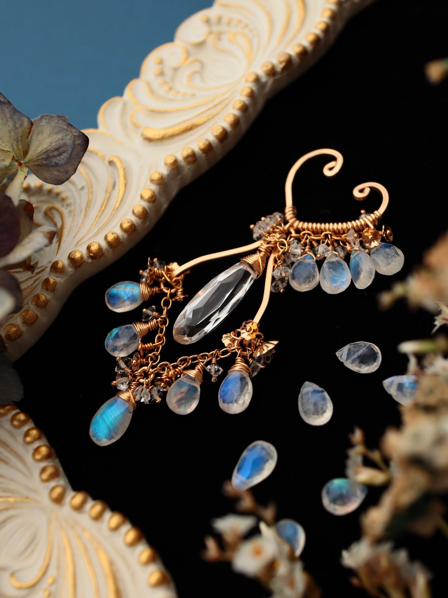 Crystal and moonstone chandelier cuff