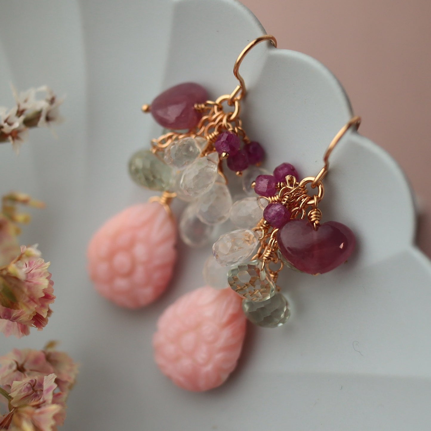 Pink opal and heart-shaped pink sapphire earrings