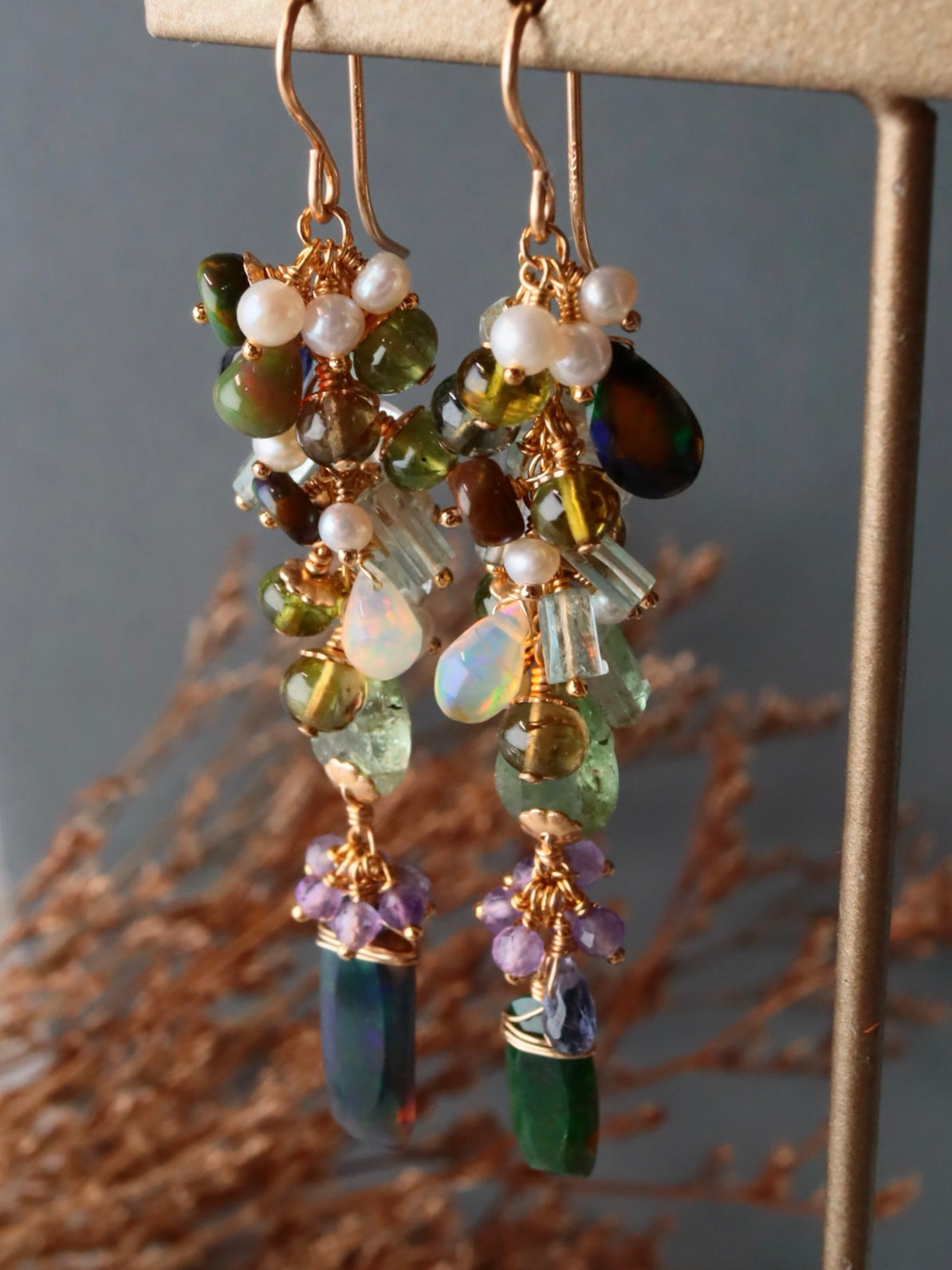 “Autumn Arrives in the Night” — Black Opal & Tourmaline Earrings