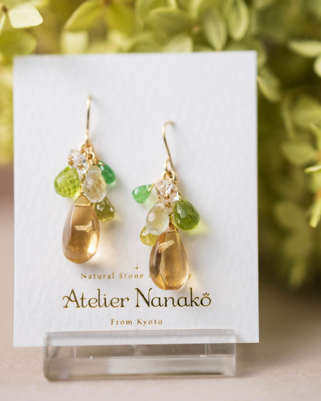 Champagne quartz and green stone earrings