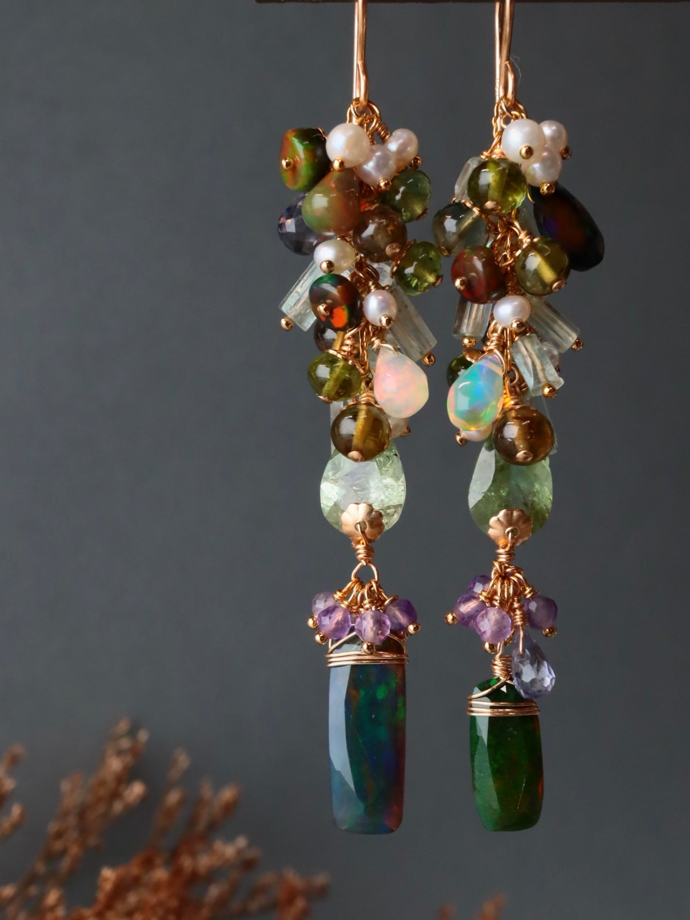 “Autumn Arrives in the Night” — Black Opal & Tourmaline Earrings