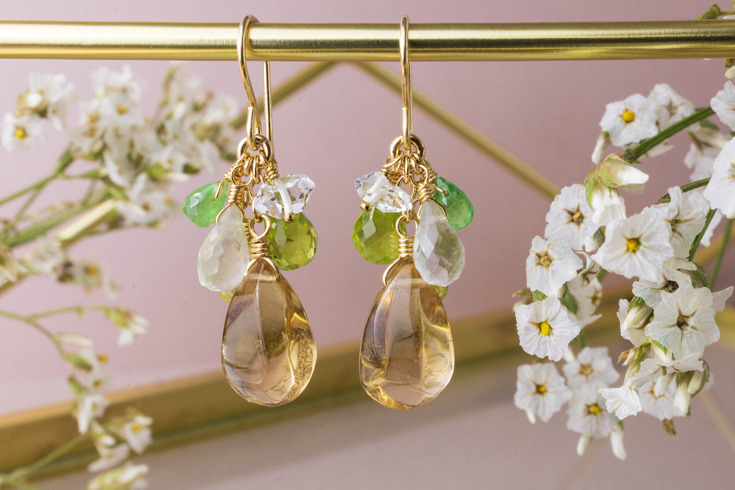 Champagne quartz and green stone earrings