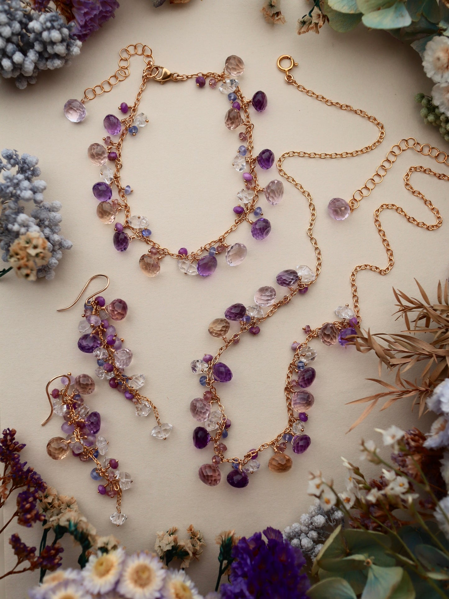 Onion cut ametrine and amethyst round necklace