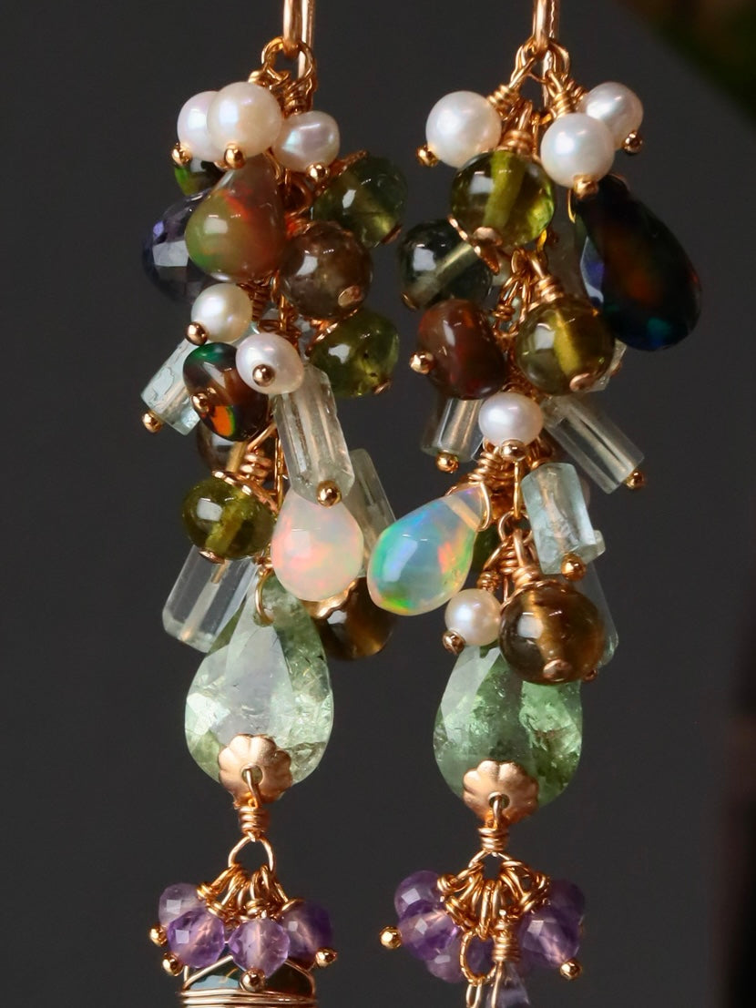 “Autumn Arrives in the Night” — Black Opal & Tourmaline Earrings