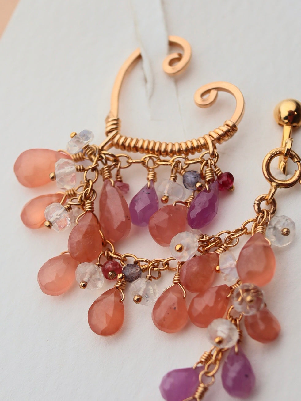 Pink sapphire and Inca rose 3-way ear cuff