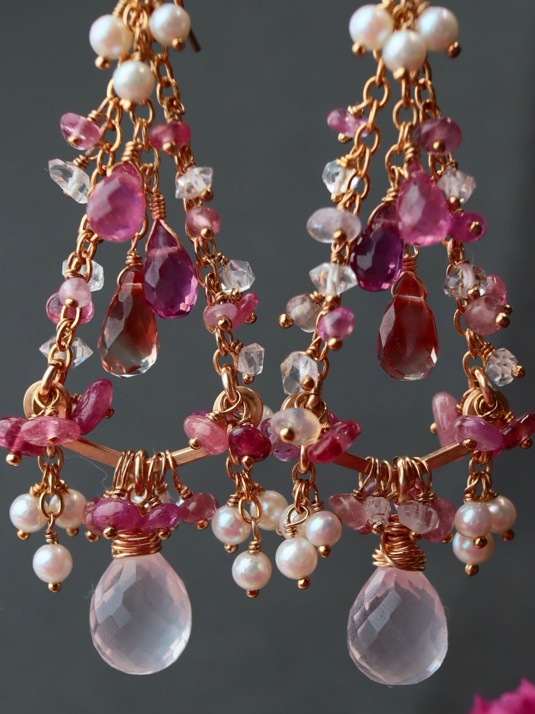 Strawberry colored chandelier earrings