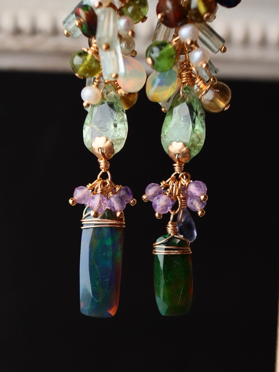 “Autumn Arrives in the Night” — Black Opal & Tourmaline Earrings