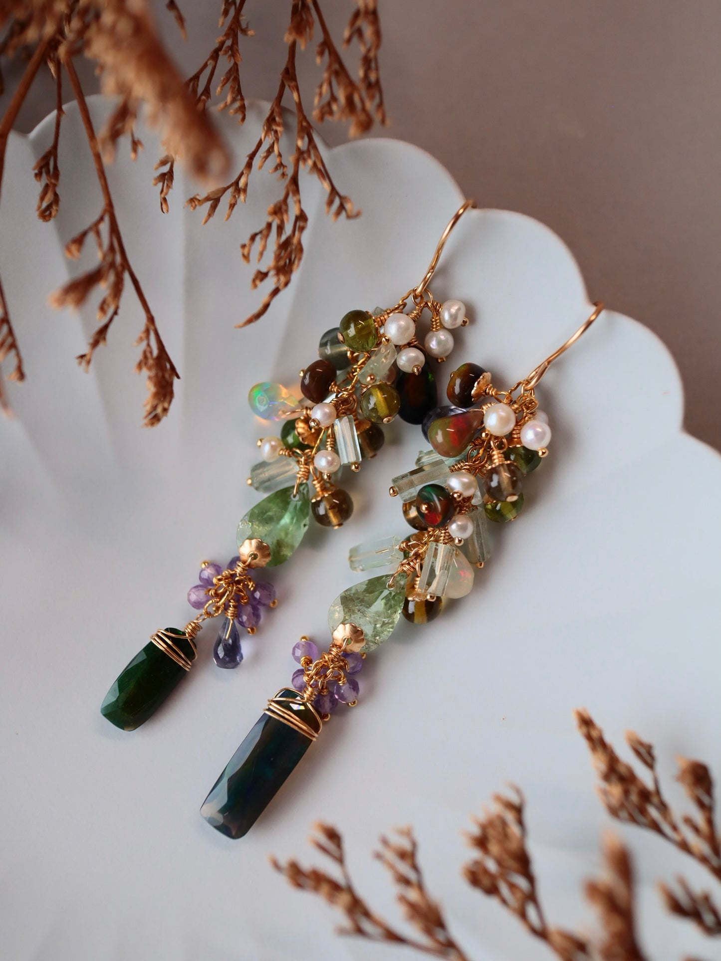 “Autumn Arrives in the Night” — Black Opal & Tourmaline Earrings