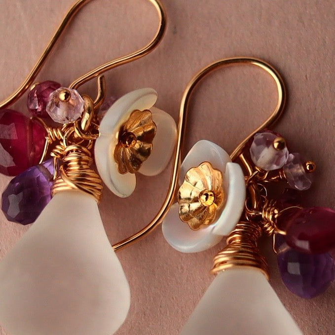 Frosted crystal earrings (pink)