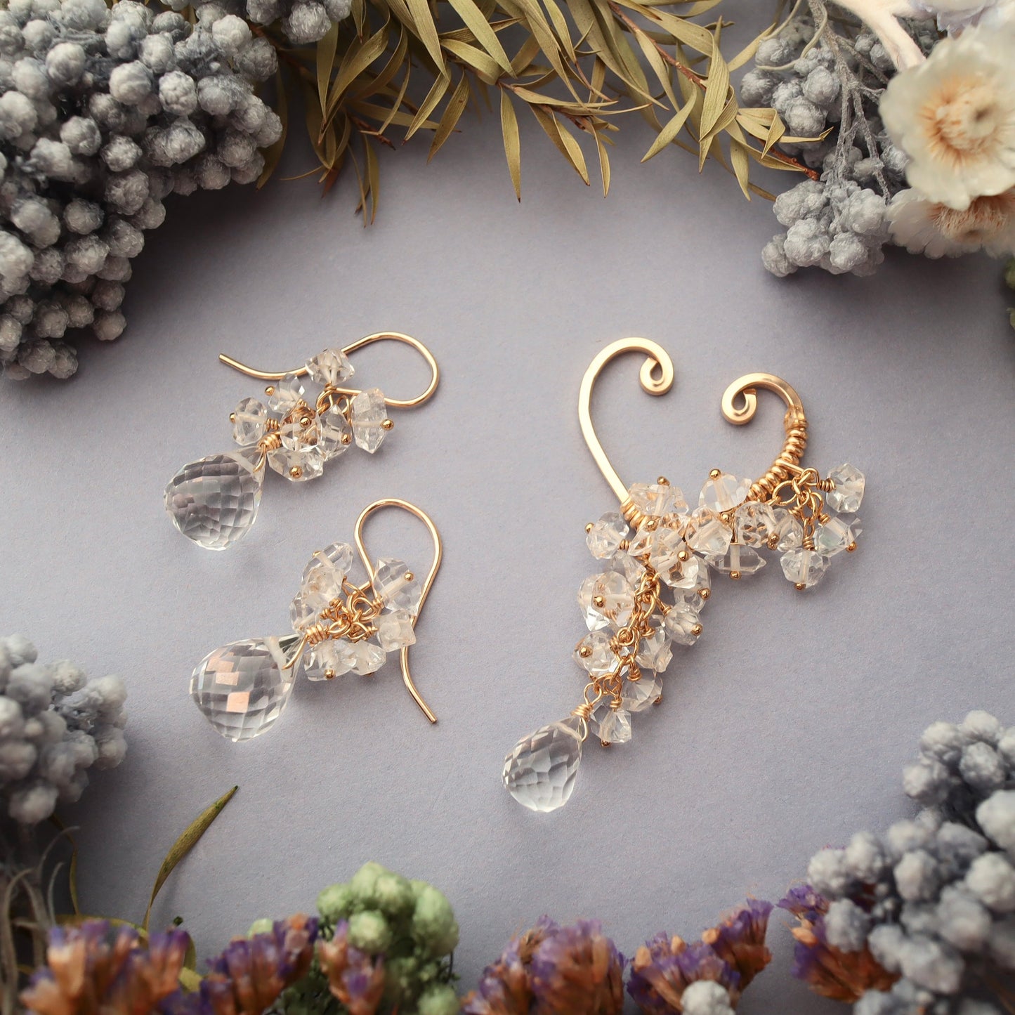 Quartz Drop and Herkimer Diamond Earrings