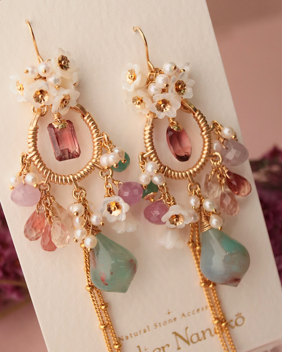 [One-of-a-kind] Tourmaline and Aquaprase Chandelier Earrings