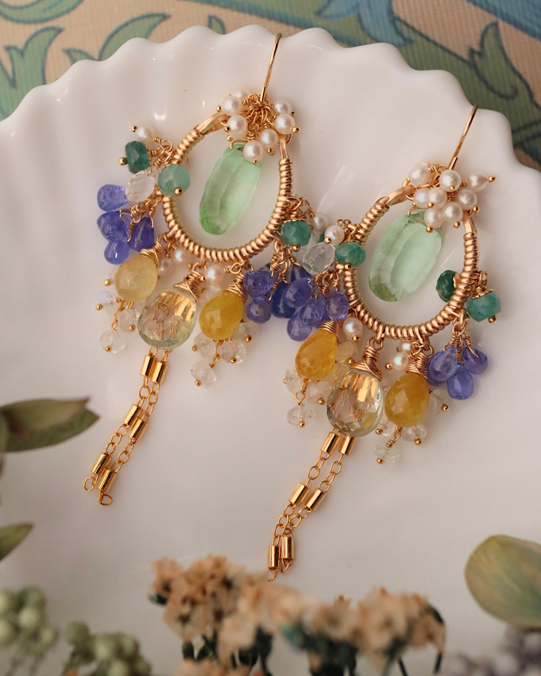 [One-of-a-kind] Fluorite Tassel Chandelier Earrings (Pierced/Clip-on)