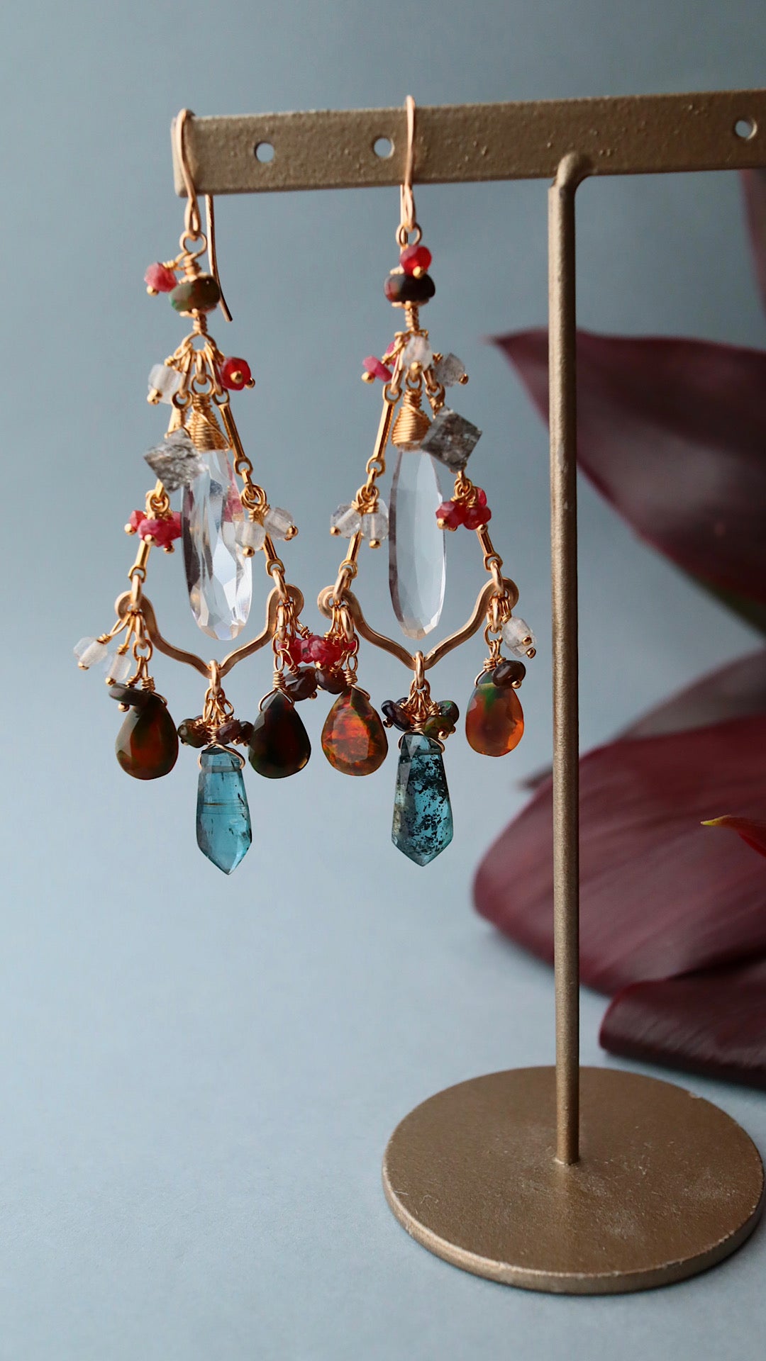 (One of a kind: glittering opal)[The Lady with the Black Eyepatch] Black opal and deep blue kyanite chandelier earrings
