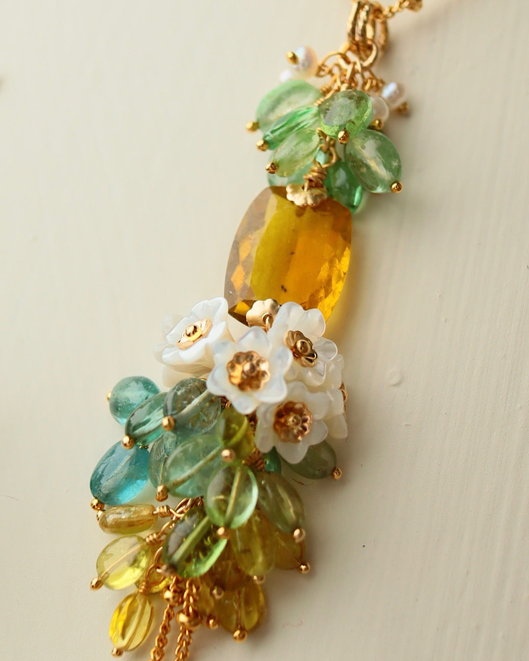 Yellow Tourmaline Rectangle Necklace with Multi-Color Tourmaline and Pearl Flower