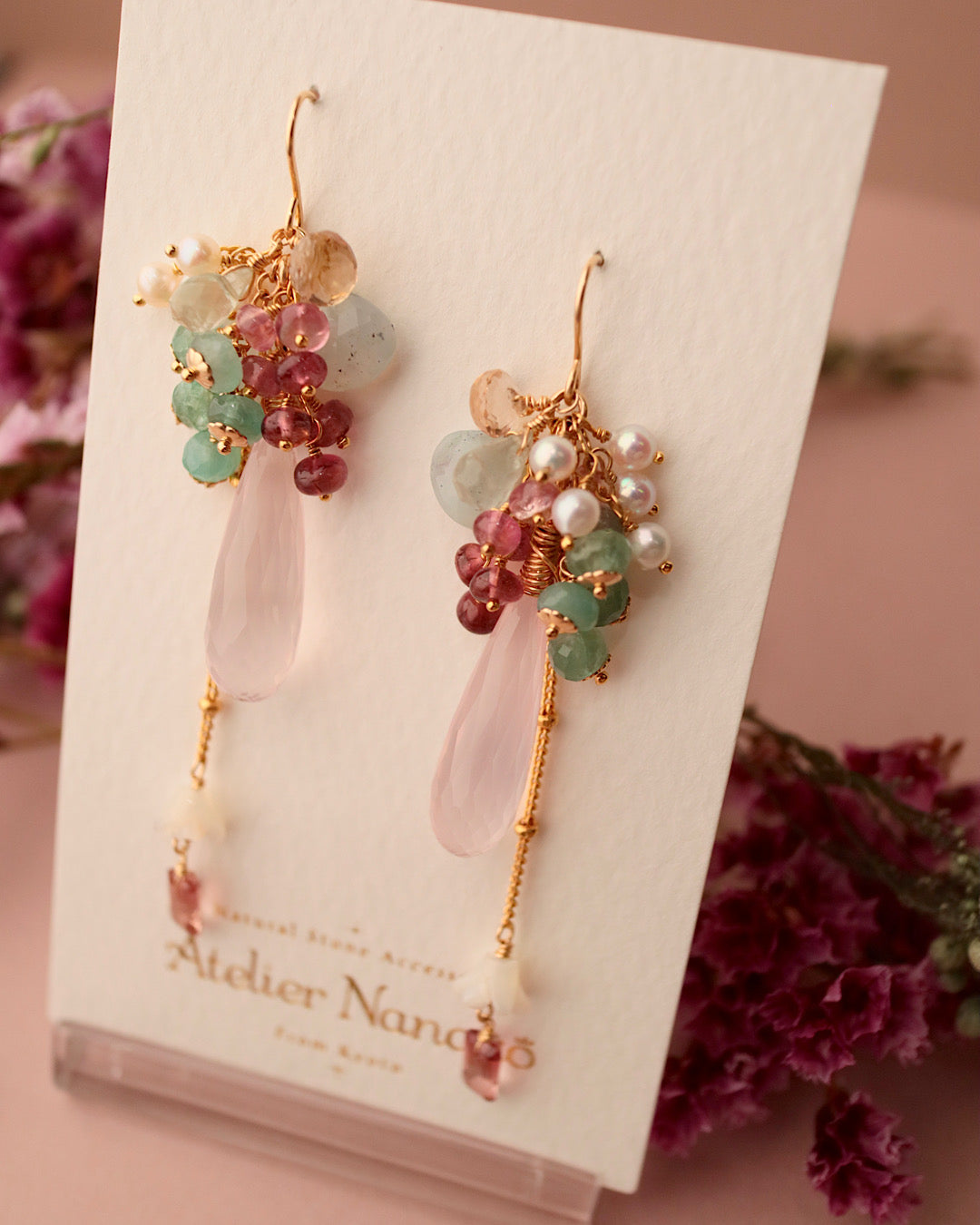 [One-of-a-kind] Pink tourmaline and rose quartz earrings