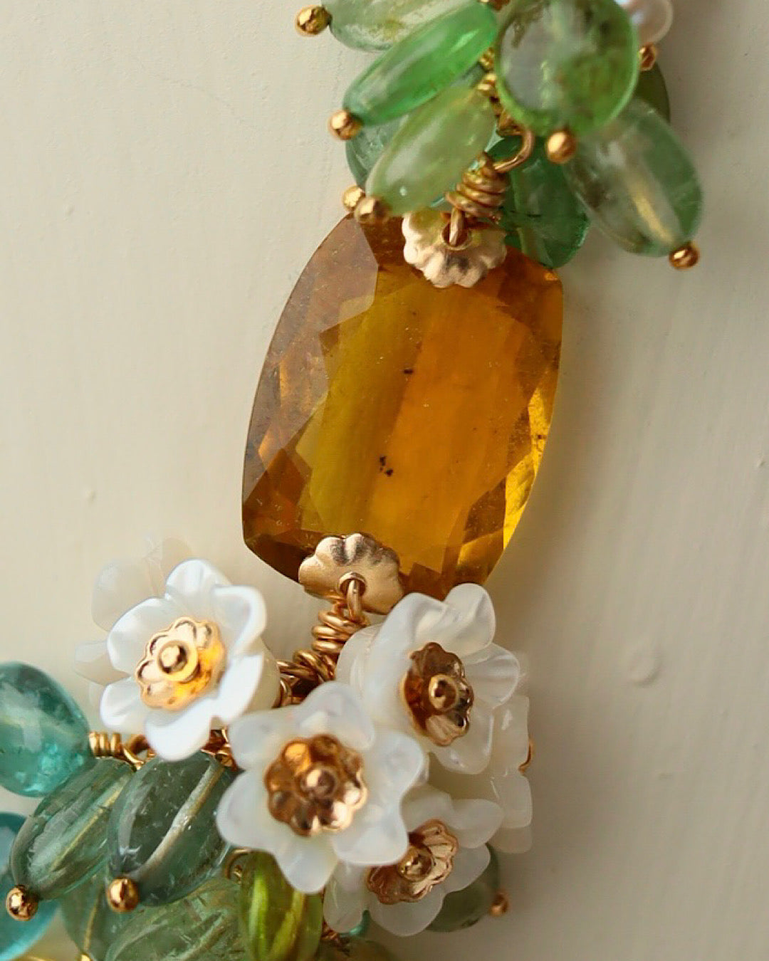 Yellow Tourmaline Rectangle Necklace with Multi-Color Tourmaline and Pearl Flower