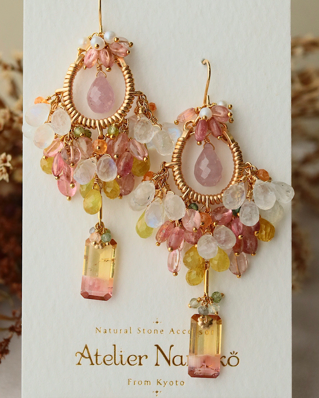 [One-of-a-kind / Round type] Pink x Yellow Bicolor Tourmaline Chandelier Earrings