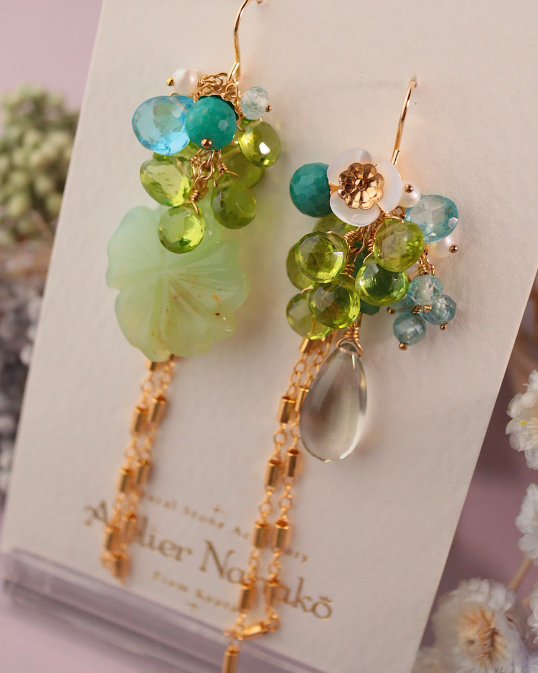 Blue Opal Flower and Peridot Asymmetric Earrings [One-of-a-kind]