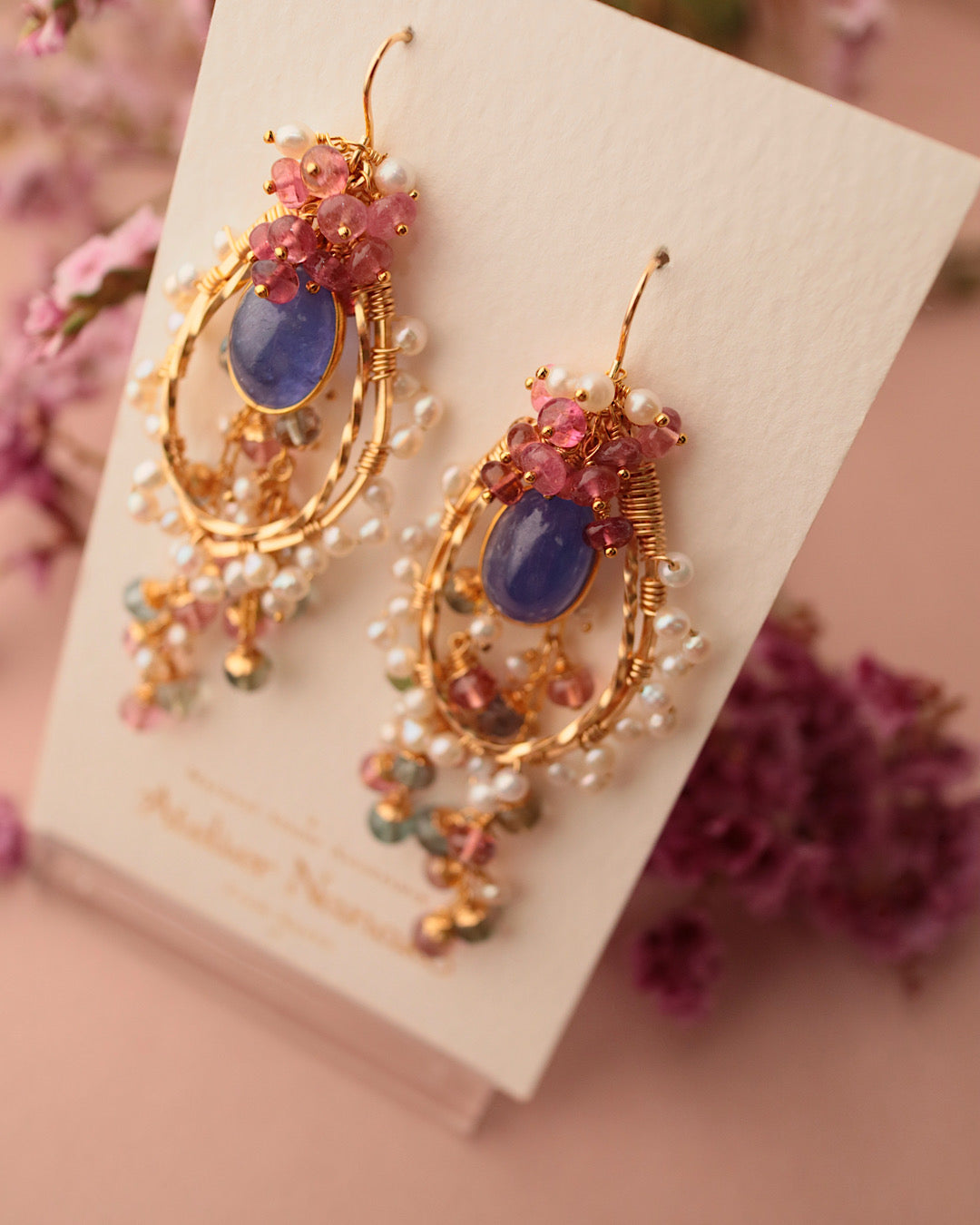[One-of-a-kind] Tanzanite and tourmaline chandelier earrings
