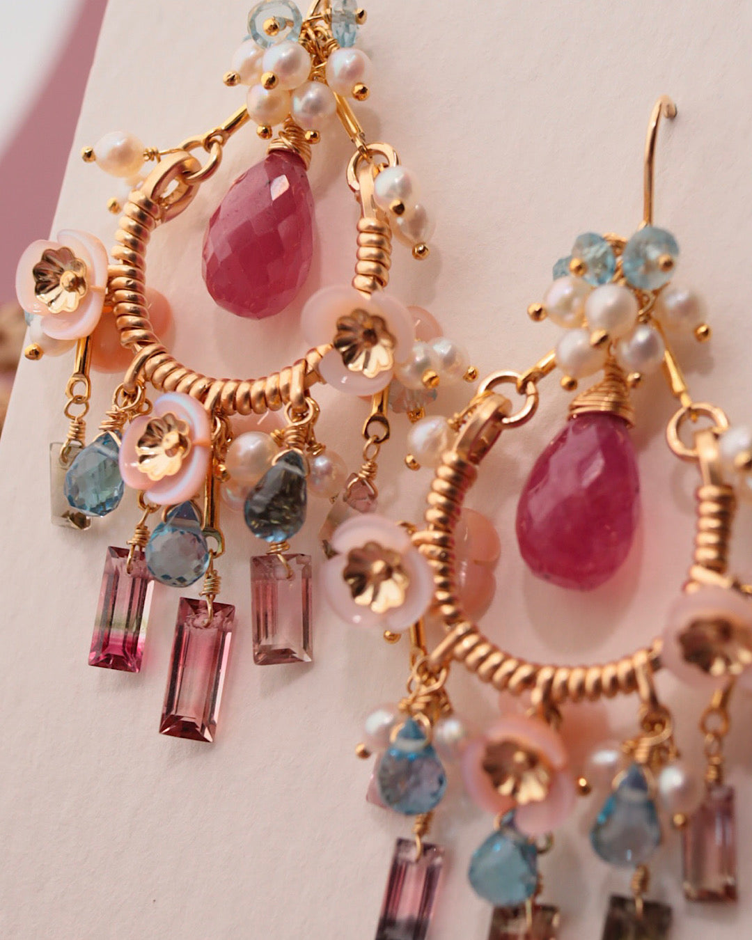 Pink sapphire and bicolor tourmaline chandelier earrings
