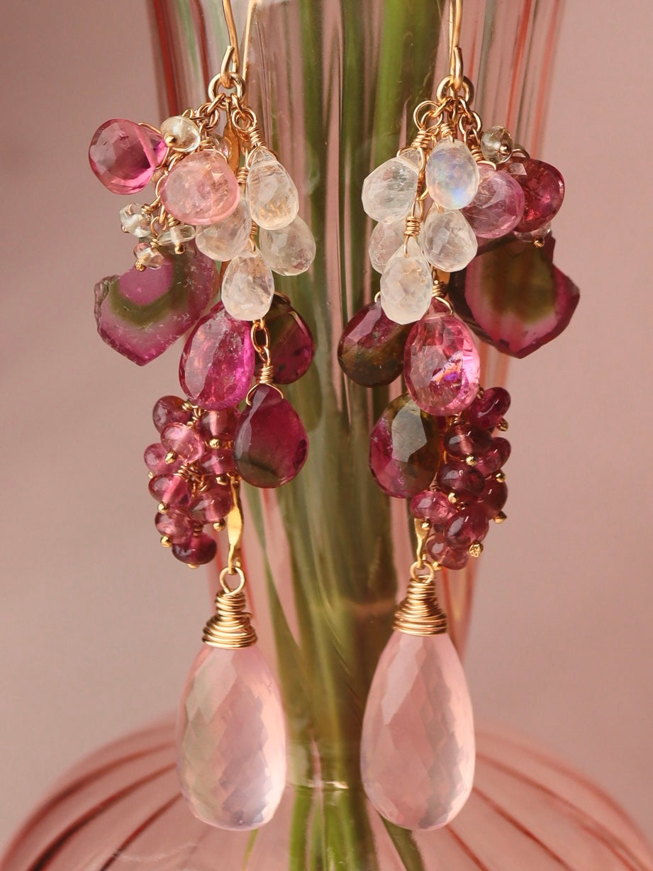 [One of a kind] Watermelon tourmaline and pink stone earrings