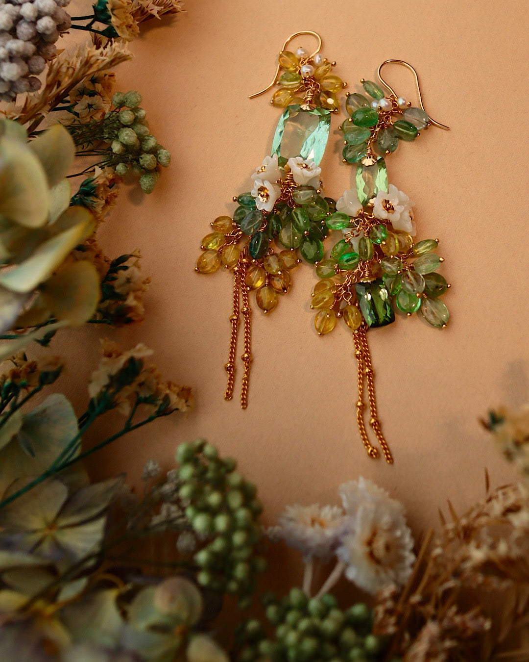 Green Tourmaline Asymmetrical Chandelier Earrings with Multi-Color Tourmaline and Pearl Flower