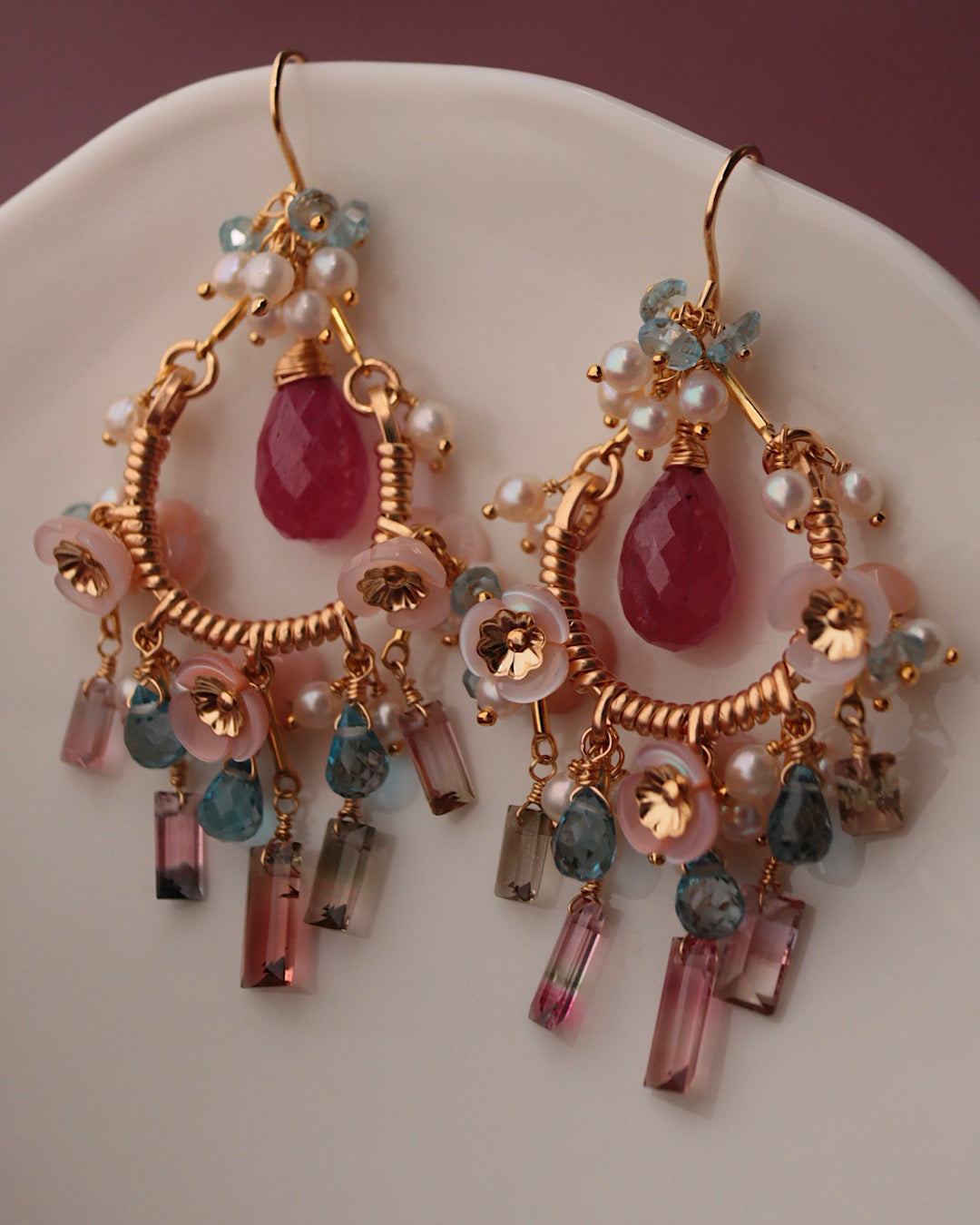 Pink sapphire and bicolor tourmaline chandelier earrings