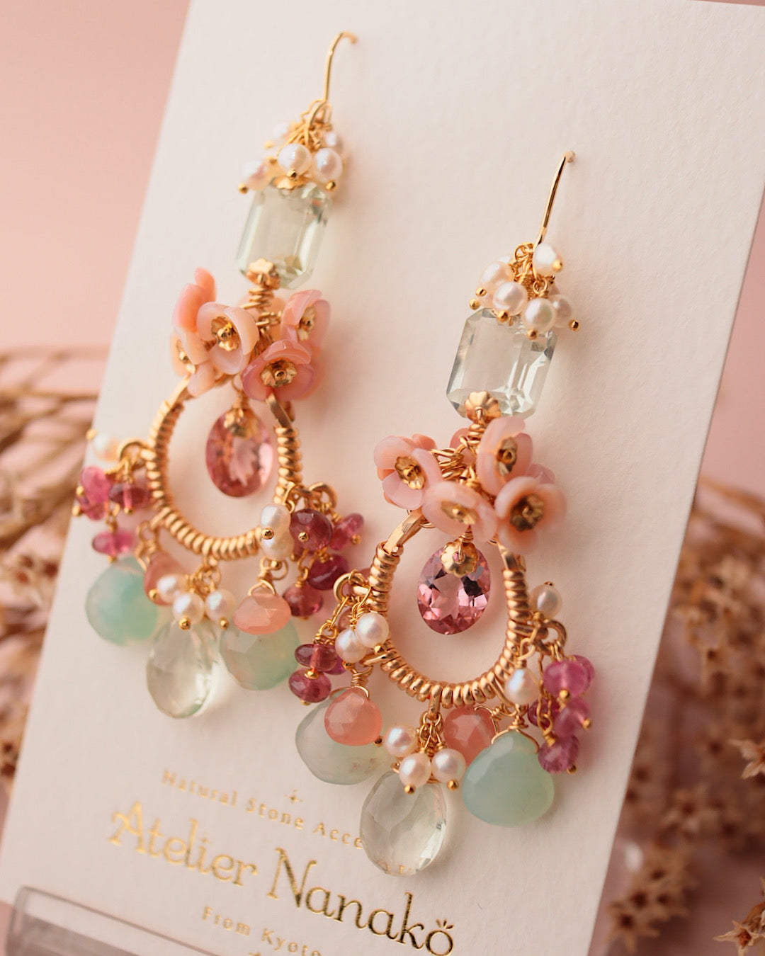 Pink tourmaline and green stone chandelier earrings