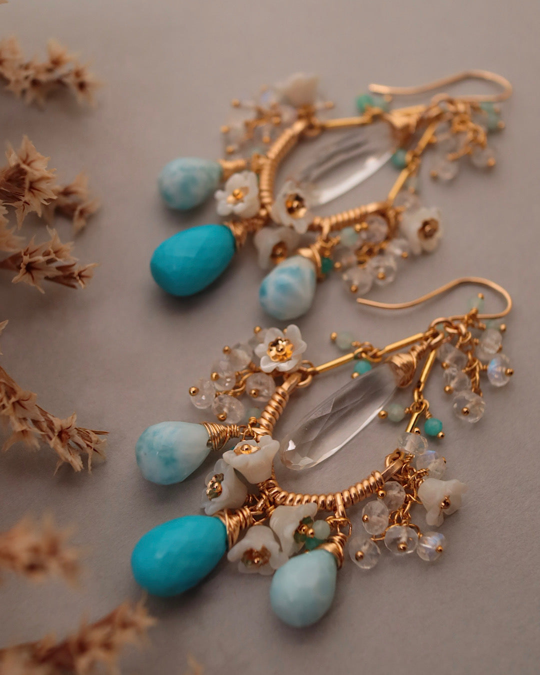 [One-of-a-kind] Turquoise and Larimar Chandelier Earrings