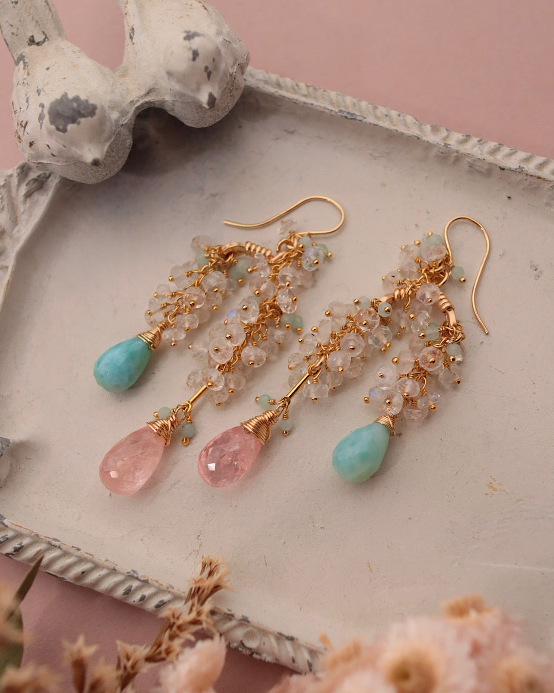[One-of-a-kind] Morganite and Larimar Long Drop Earrings