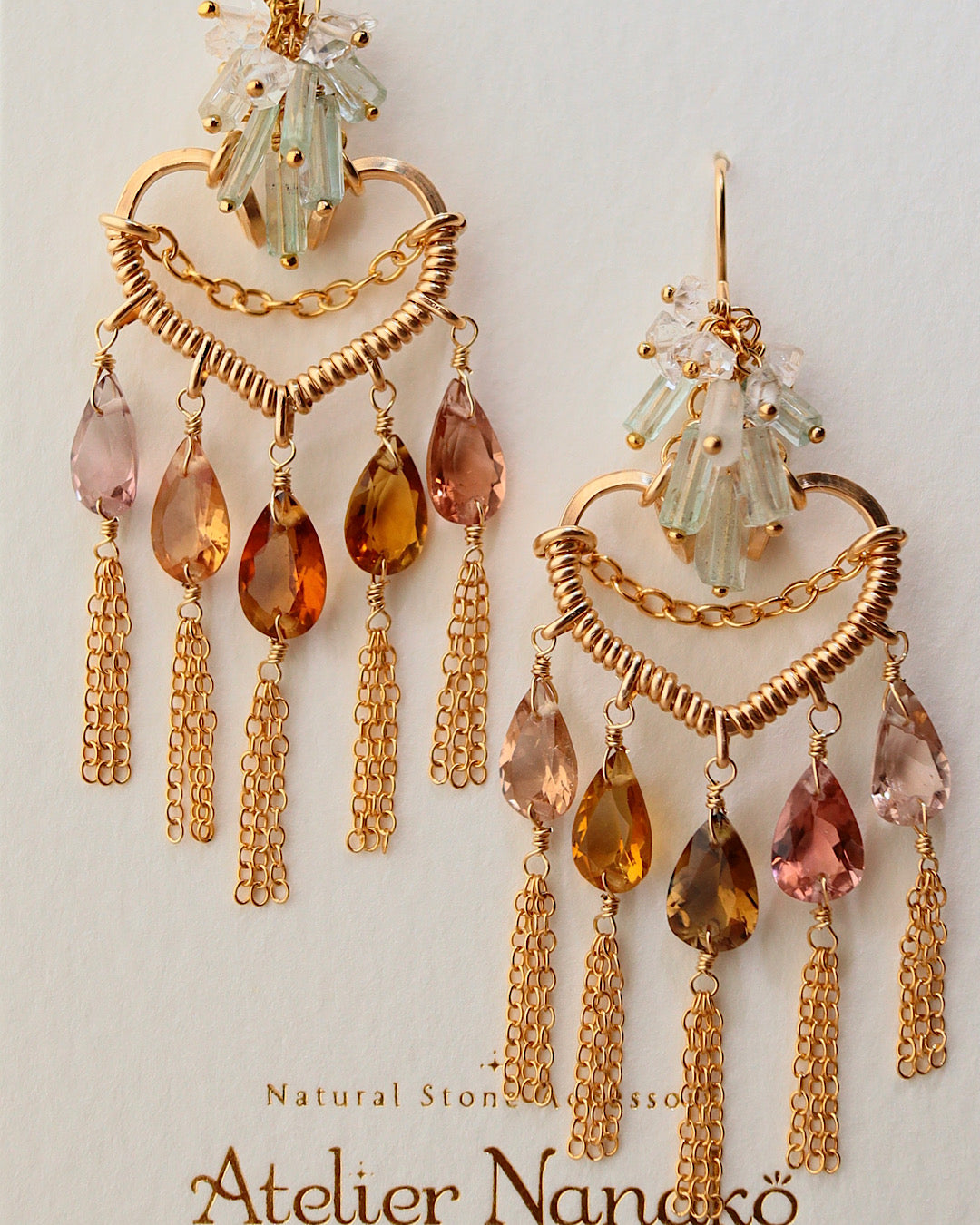 [One of a kind] Brown tourmaline heart chandelier earrings