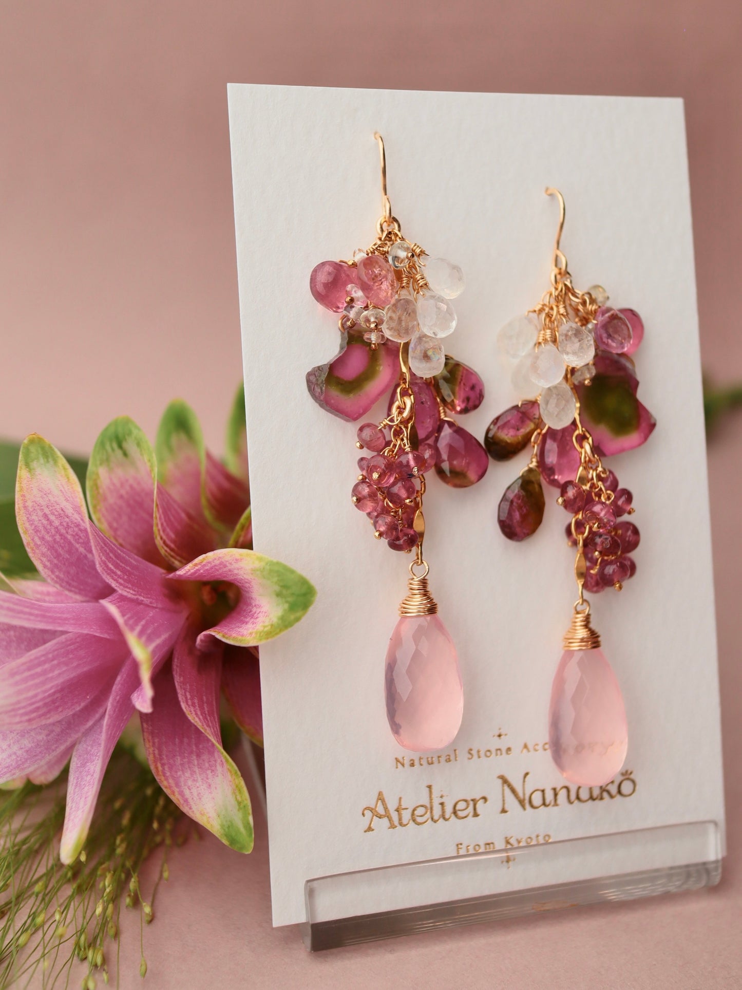 [One of a kind] Watermelon tourmaline and pink stone earrings