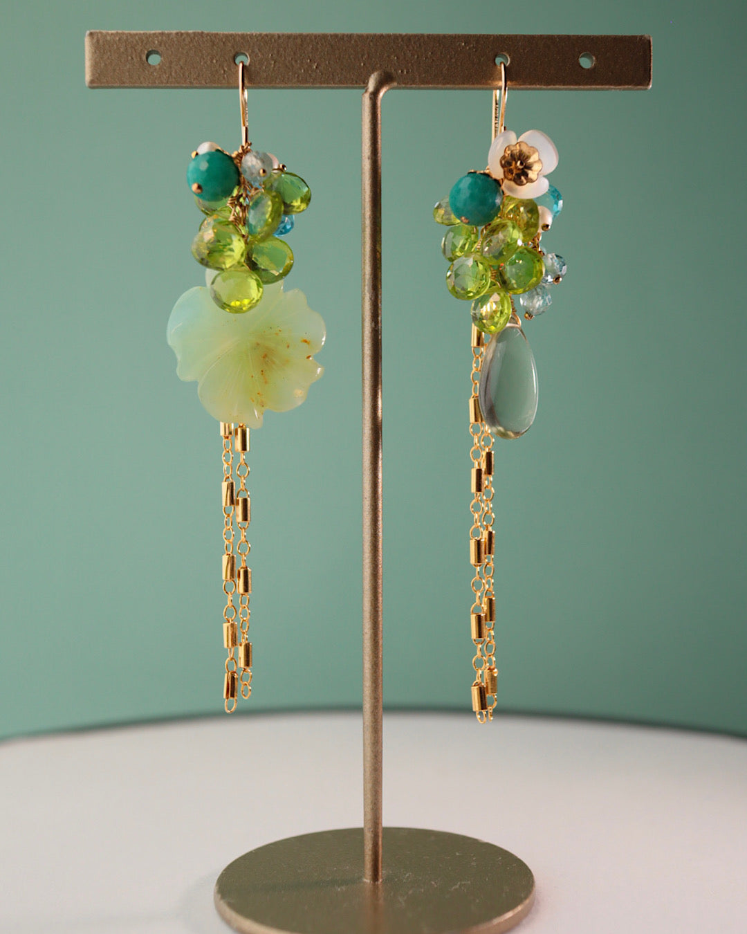 Blue Opal Flower and Peridot Asymmetric Earrings [One-of-a-kind]