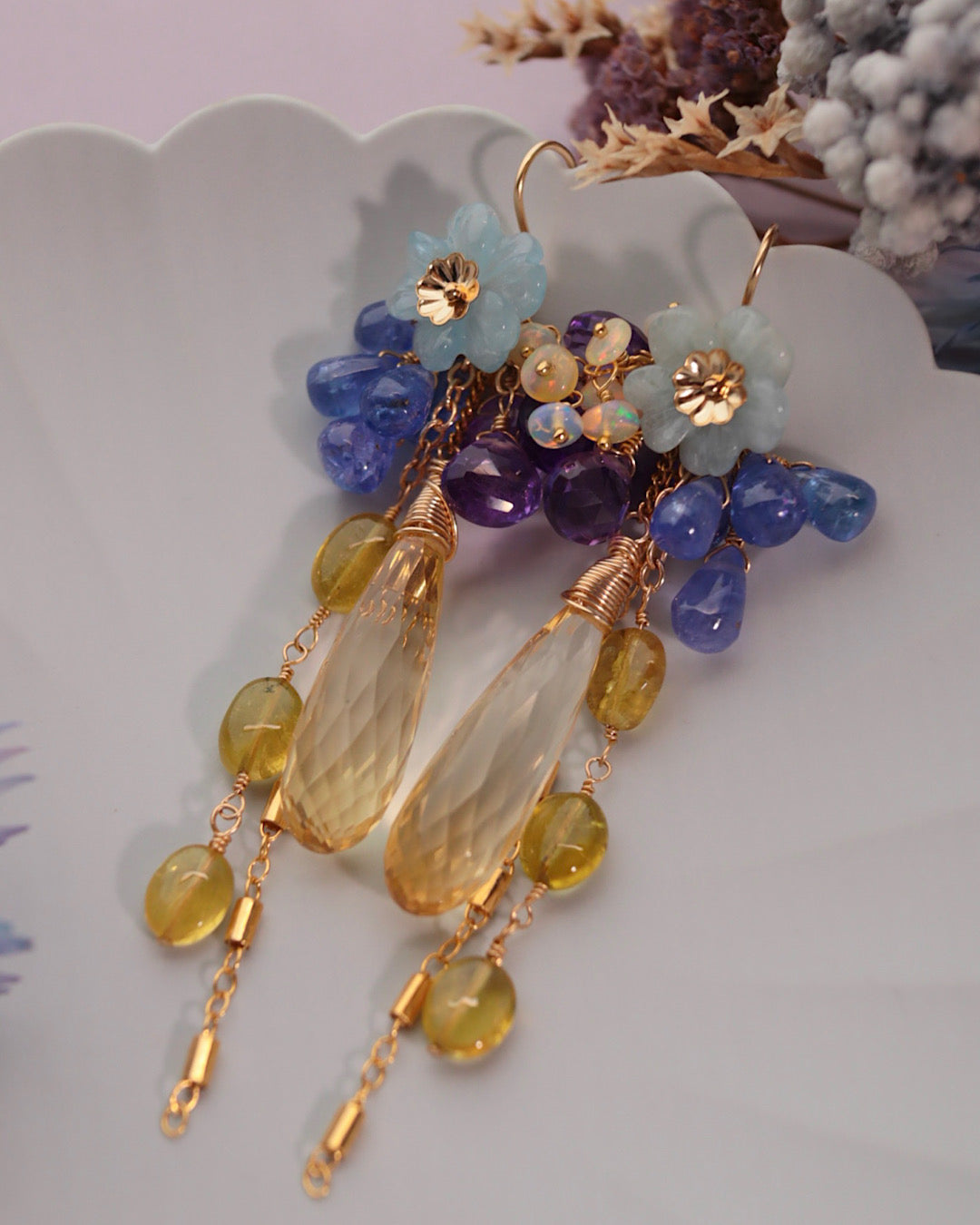 Citrine and Aquamarine Flower Earrings [One-of-a-kind]