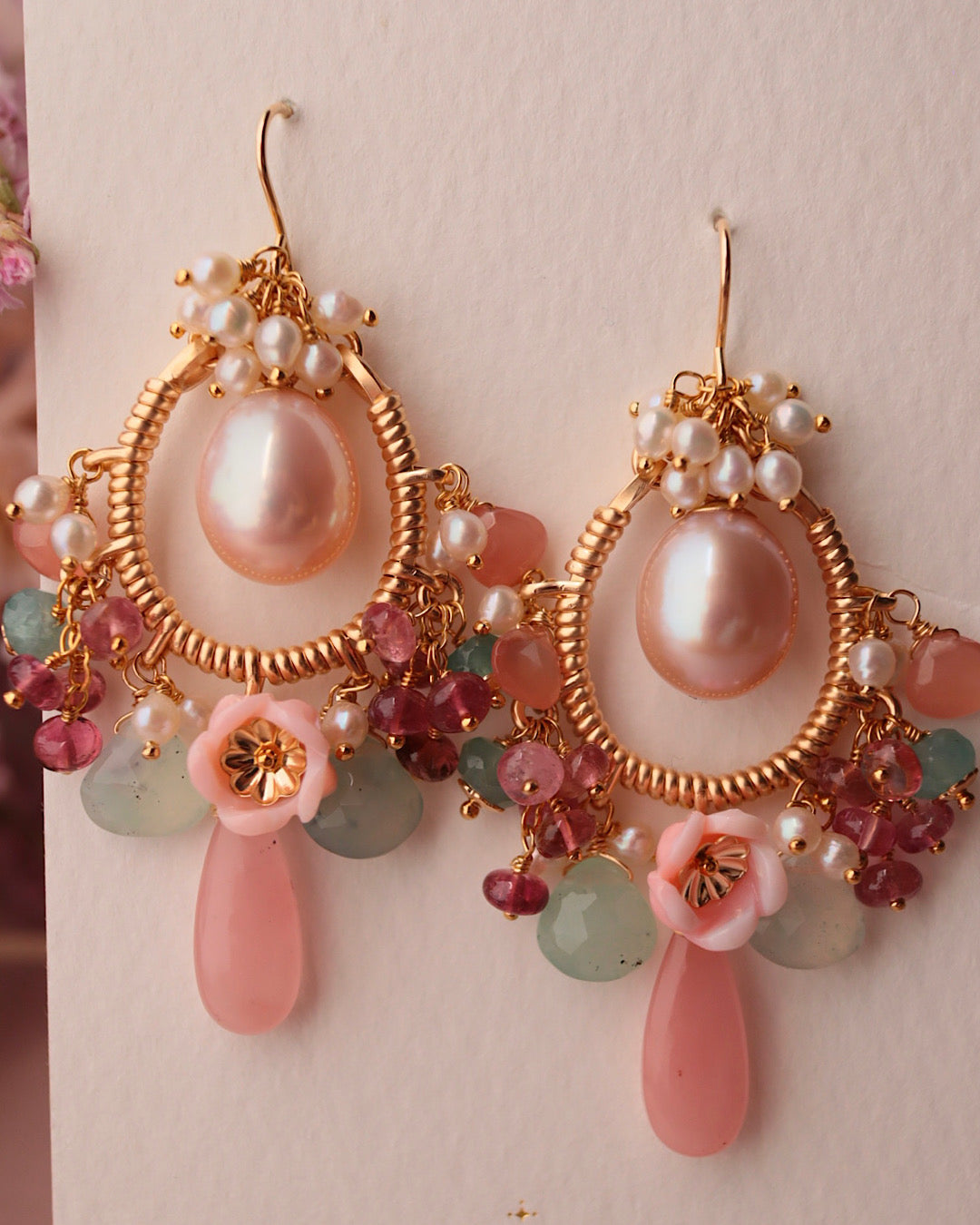 Romantic-hued chandelier earrings with large freshwater pearls
