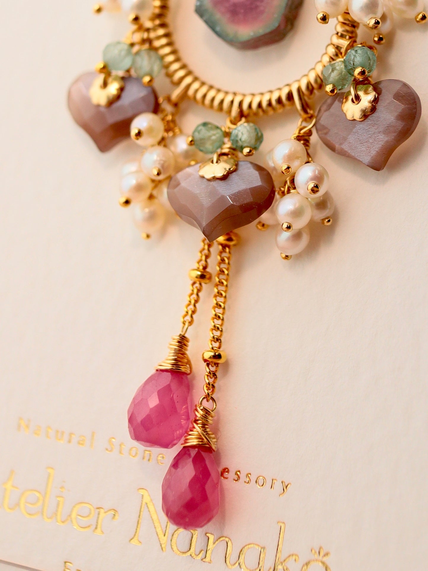 [One of a kind] Watermelon tourmaline and chocolate moonstone necklace