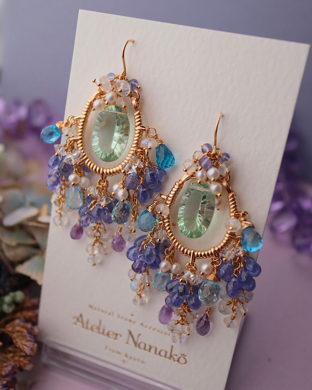 [One-of-a-kind] Chandelier earrings with fluorite and blue stones