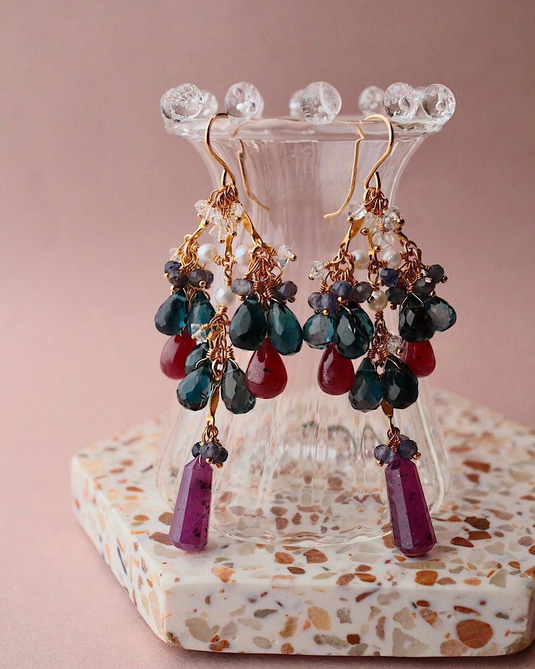 [Stories in Red] Ruby and London Blue Topaz Chandelier Earrings