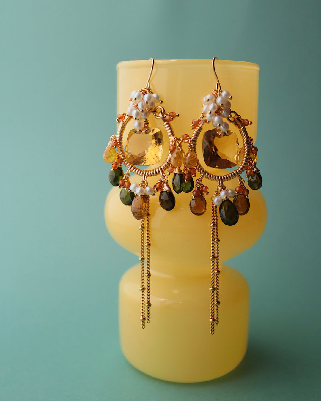 [One-of-a-kind] Lemon Quartz and Tourmaline Chandelier Earrings