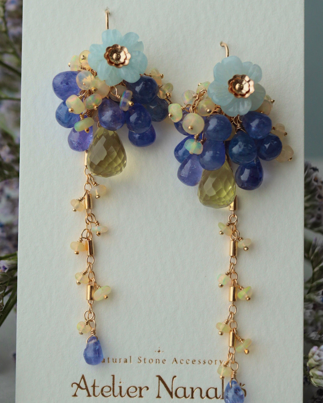 【Aqua Bloom】Aquamarine flower and tanzanite earrings