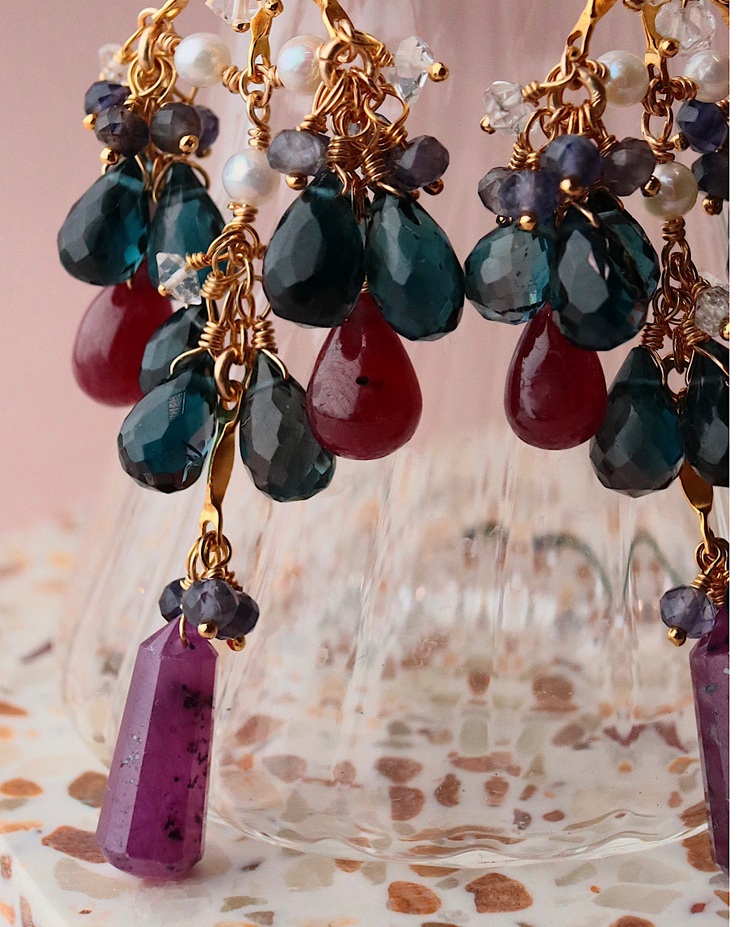[Stories in Red] Ruby and London Blue Topaz Chandelier Earrings